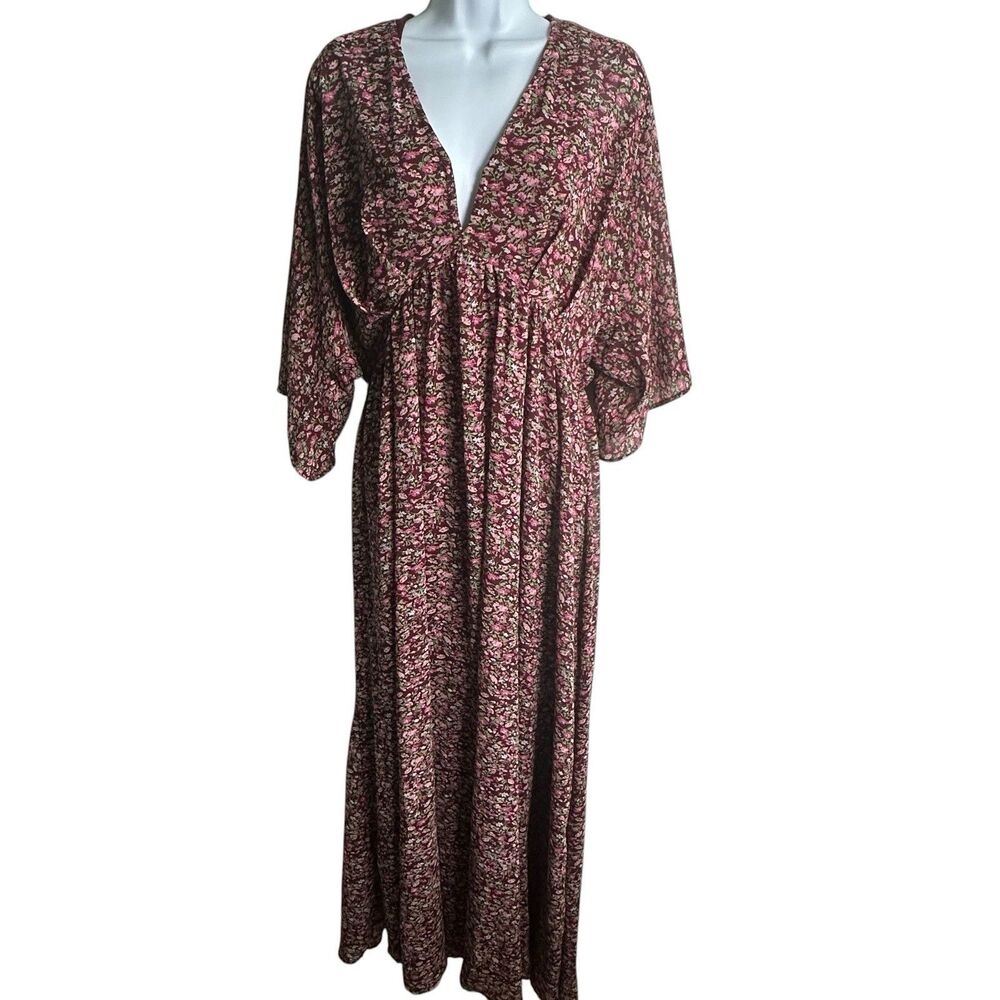 Entro Maxi Dress Sz L Floral Drop Waist Flowy  V-Neck Burgundy Red Ditsy